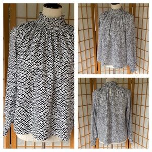 Nine West Black & White Dot Smocked Blouse SZ M Business Casual